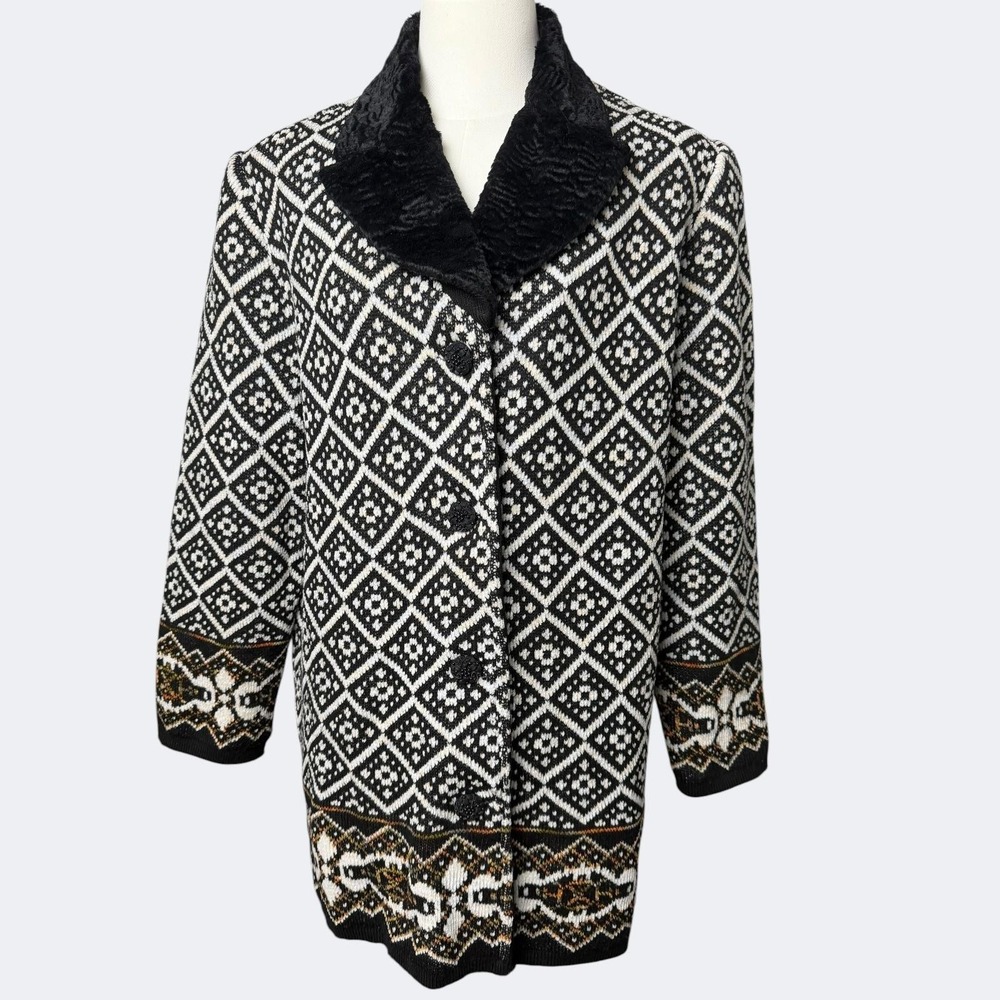 Ram Clothes Damascus Syria Geometric Knit Cardigan L Black White Fuzzy Collar